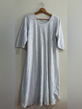 simple pleasures Textured White Midi Dress with Scoop Neck and Elbow Sleeves